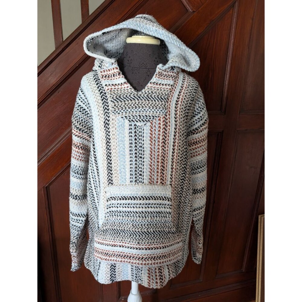 Striped Baja Hoodie Poncho XL Unisex Woven Pullover Front Pocket Made in Mexico